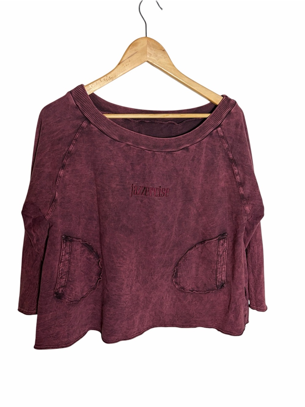 Jazzercise acid wash purple boat neck cotton sweatshirt top with pockets size M